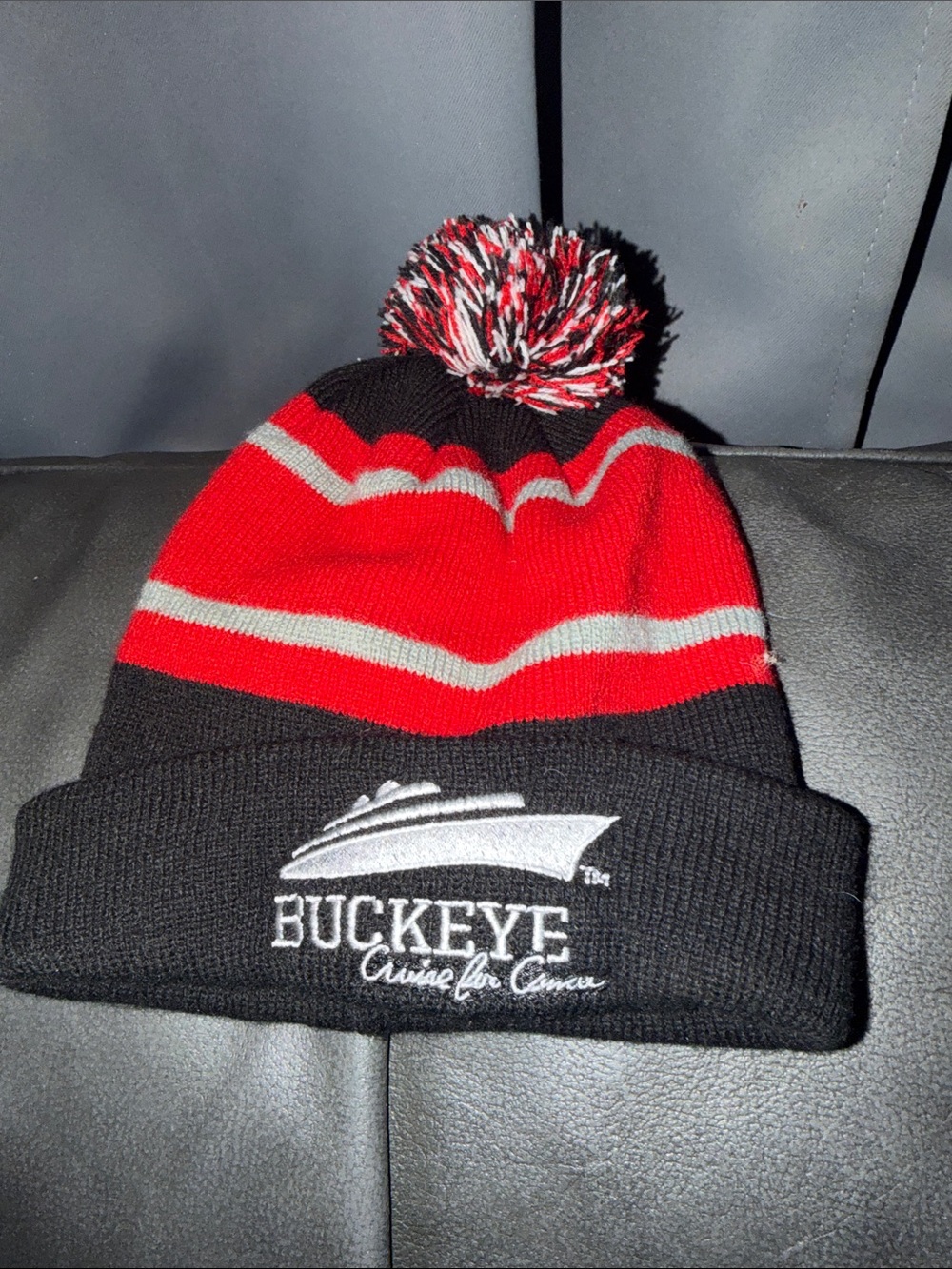 Buckeye Black and Red Pom Beanie Hat